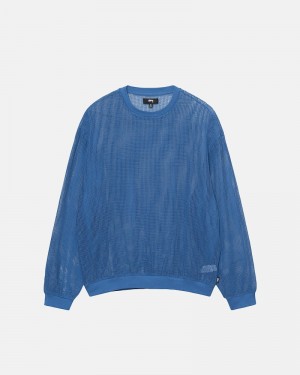 Stüssy Baumwoll Mesh LS Crew Oberteile Herren Blau | SIALD-3425