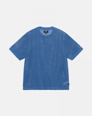 Stüssy Baumwoll Mesh Ss Crew Oberteile Herren Blau | KVQEW-0178