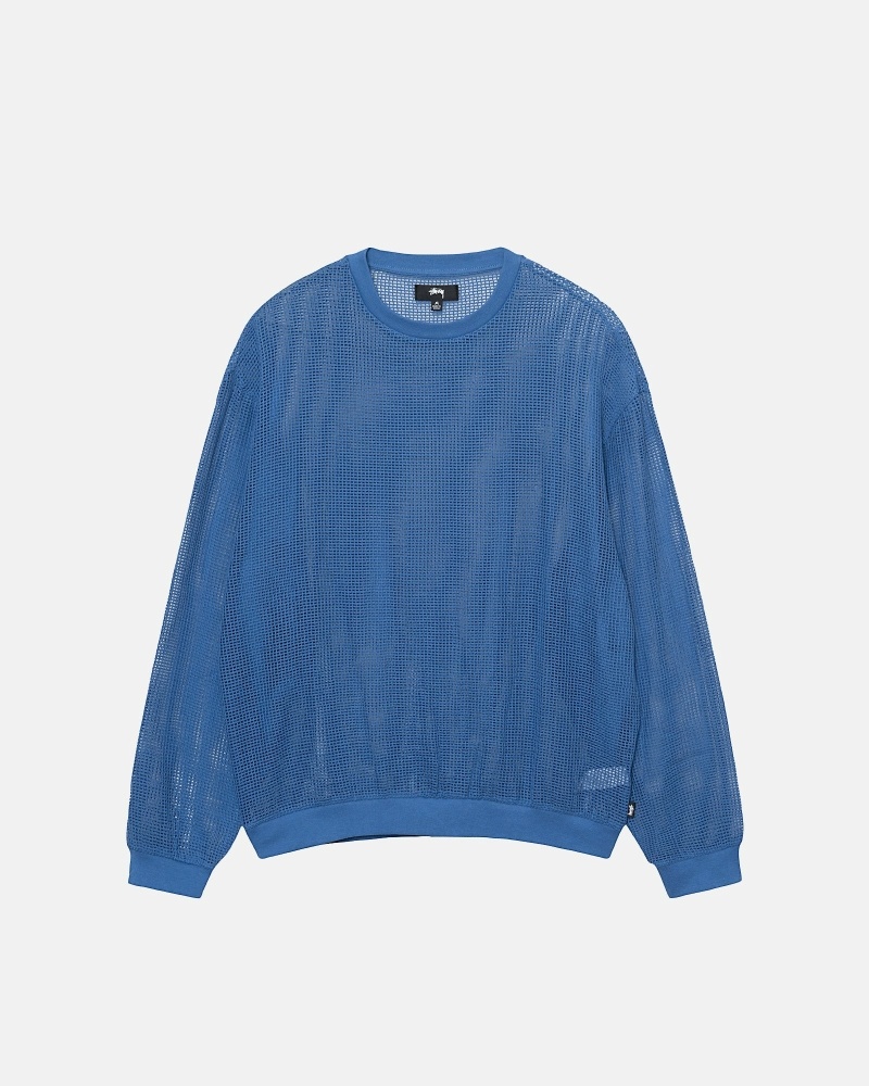 Stüssy Baumwoll Mesh LS Crew Oberteile Herren Blau | SIALD-3425