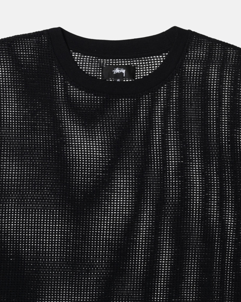 Stüssy Baumwoll Mesh LS Crew Oberteile Herren Schwarz | JEGPR-9438