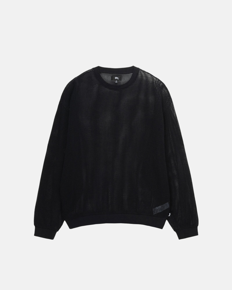 Stüssy Baumwoll Mesh LS Crew Oberteile Herren Schwarz | JEGPR-9438