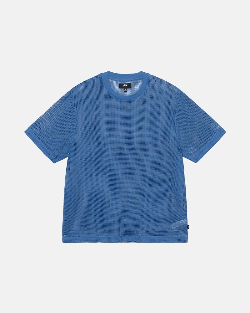 Stüssy Baumwoll Mesh Ss Crew Oberteile Herren Blau | KVQEW-0178